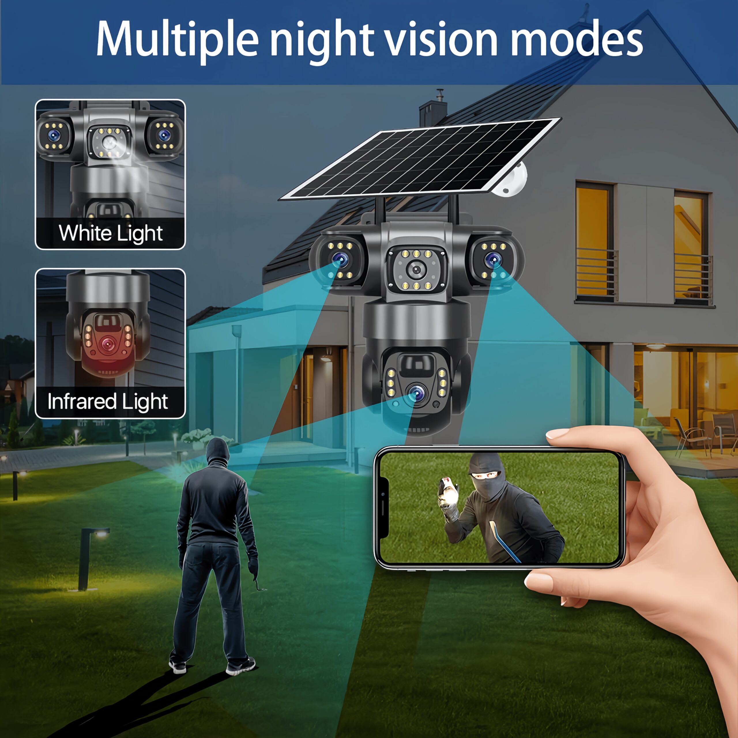New Model 3 Lens 3 Screen Security Camera Wireless Outdoor - Solar/Battery Powered, WiFi & No SIM Card Needed (Connect & Use) | Multi-Angle Monitoring for Home/Patio/Yard | AI Motion Detection, Color Night Vision, 2-Way Audio, Siren, Cloud Storage - Image 6
