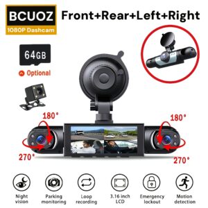 360° 4-Channel 1080P Ultimate Security Dash Cam Kit, 1080P Front & 720P Left Right Rear, Super Night Vision, WDR, G-Sensor, Loop Recording, Optional Memory Card & Lens - Black Box for Safe Driving.