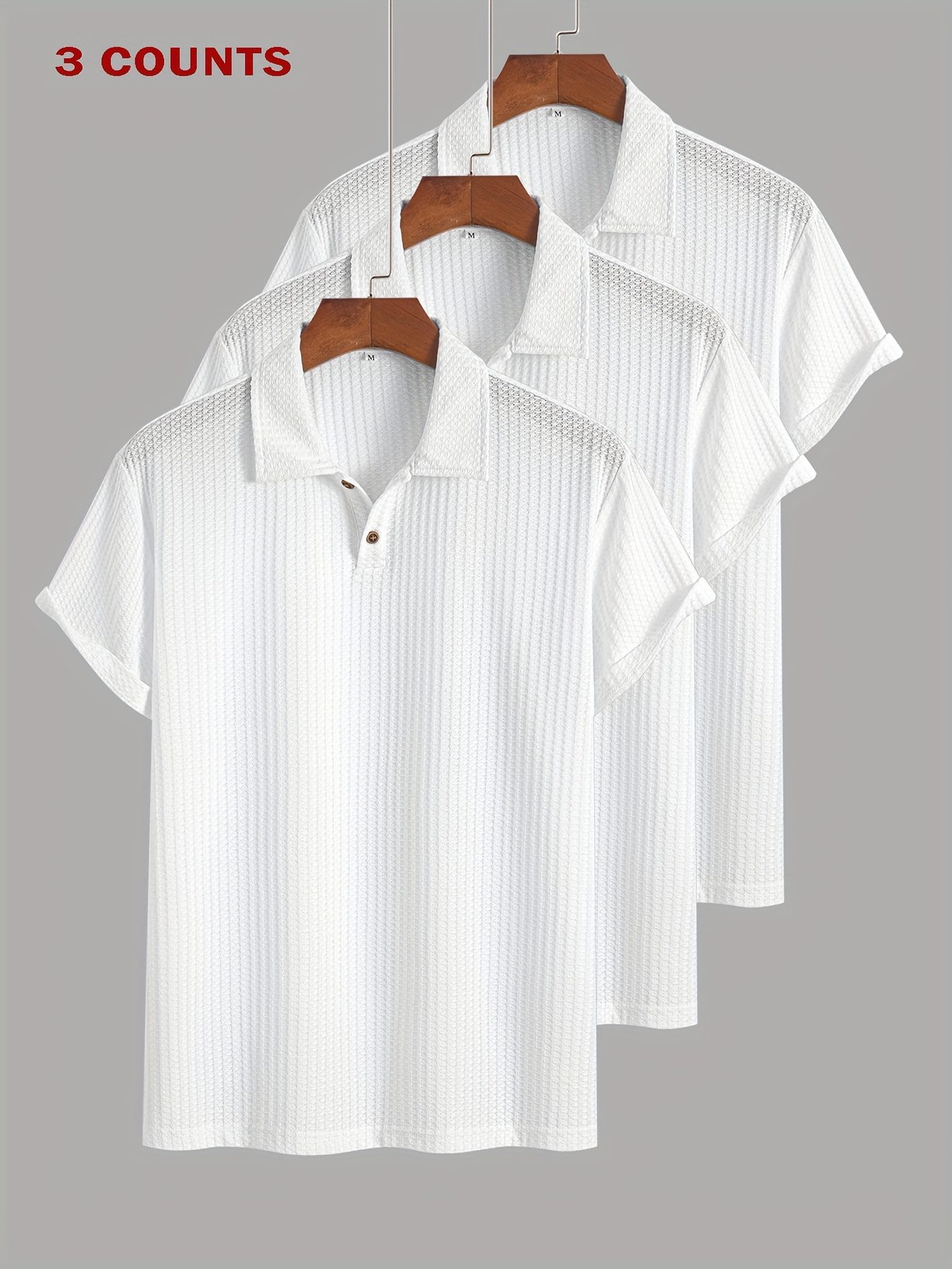 3pcs Set of Summer Casual Sporty Jacquard Knit Short-Sleeve Shirts, 3pcs Jacquard Texture Short-Sleeve Tops - Image 2