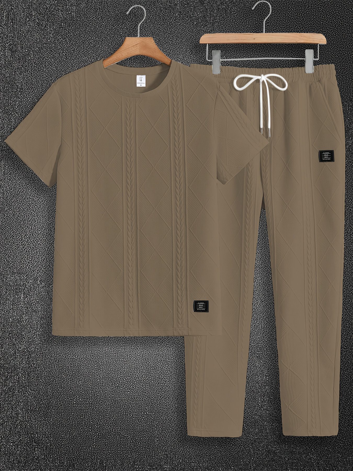 Men'S Suit Round Neck Car Knit Label Tassel Texture Short Sleeve Top Drawstring Slant Pocket Long Pants Casual Two-Piece Set - Image 2