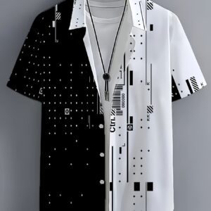 Men's 3D All-Over Full-Body Geometric Collar Short-Sleeve Button-Up Shirt - Loose Fit Button Shirt, Casual Summer Beach Vacation Wear, Non-Stretch Fabric, Modern Style for Resort & Smart-Casual Outfits