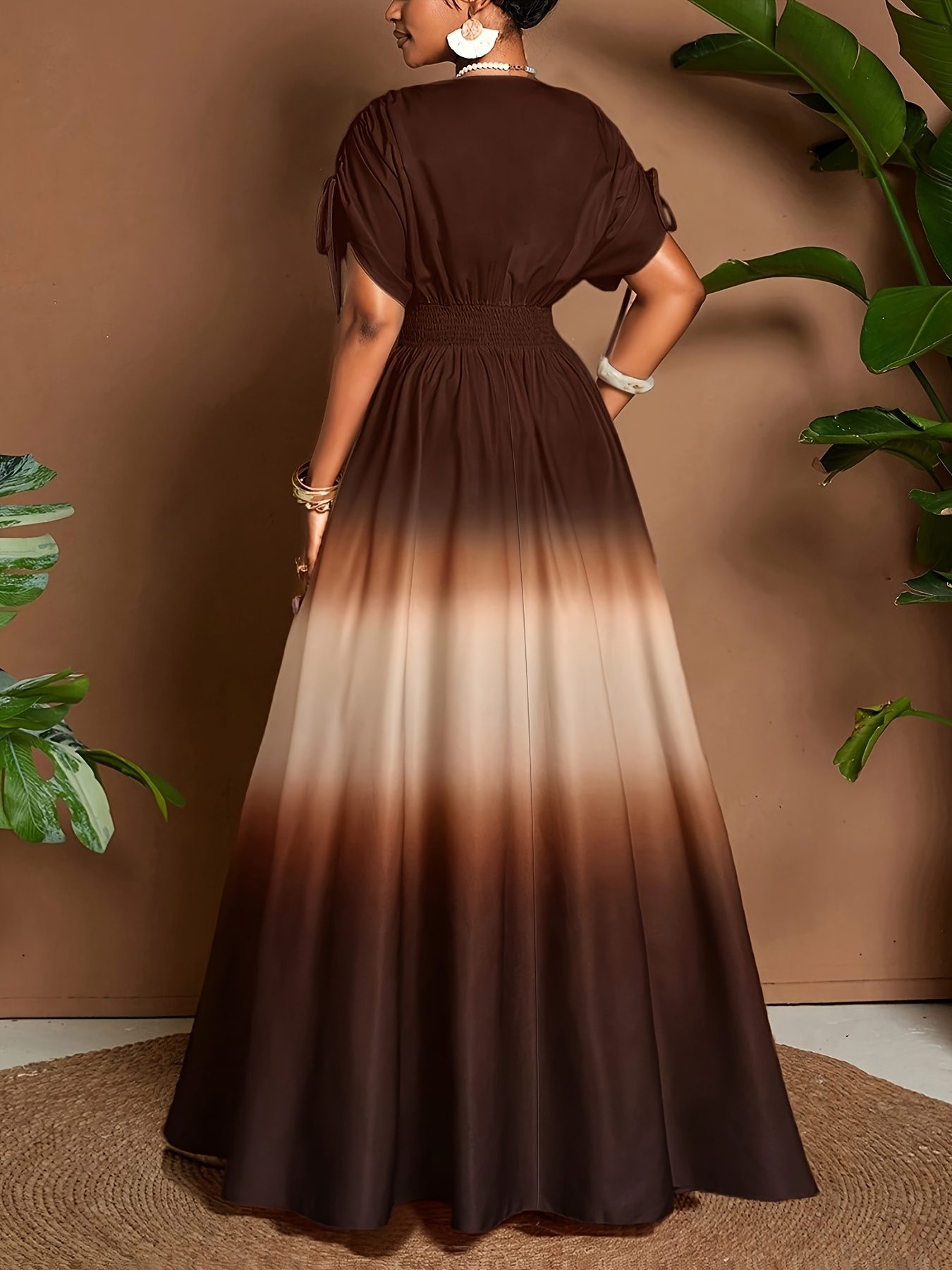 LL168 Women's Elegant Romantic Gradient Print Bow V-Neck A-Line Maxi Dress - Image 7