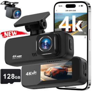Dash Cam Front and Rear with 128GB TF Card, 4K+1080P Dual Dash Camera for Cars, 5.0cmIPS Display Mini Car Camera, APP Control, Built-in Wi-Fi & G-Sensor, 170° Wide Angle, WDR, Night Vision, Loop Recording, 24/7 Parking Mode, Support 256GB Card Max
