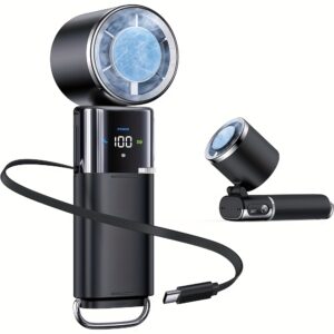 Handheld neck fan with a 130-degree adjustable head, built-in cooling pad on the fan surface for rapid temperature reduction, supports up to 10W fast charging via large 6000mAh battery, includes creative retractable lanyard and buckle strap