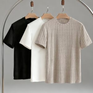 Men'S Casual Easy Style 3-Color Vertical Striped Knit Round Neck Short Sleeve T-Shirt 3pcs Set, Daily Commute Leisure Multi-Scene Outfit Top Combination