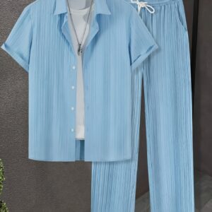 Men's Striped Casual Short-Sleeve Shirt + Casual Drawstring Lined Long Pants 2pcs Set with Elastic Waistband for Holiday Leisure Outings