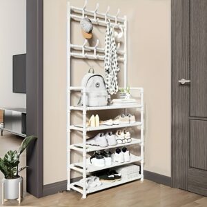 1pc Five-Layer Coat Rack And Shoe Rack Combination, Household Floor-Standing Coat Rack + Shoe Rack Two-In-One, Top Hook for Hanging Hats And Bags + Five-Layer Shoe Rack, Thickened Steel Pipe for Stable Load-Bearing, Entrance Door Storage Rack