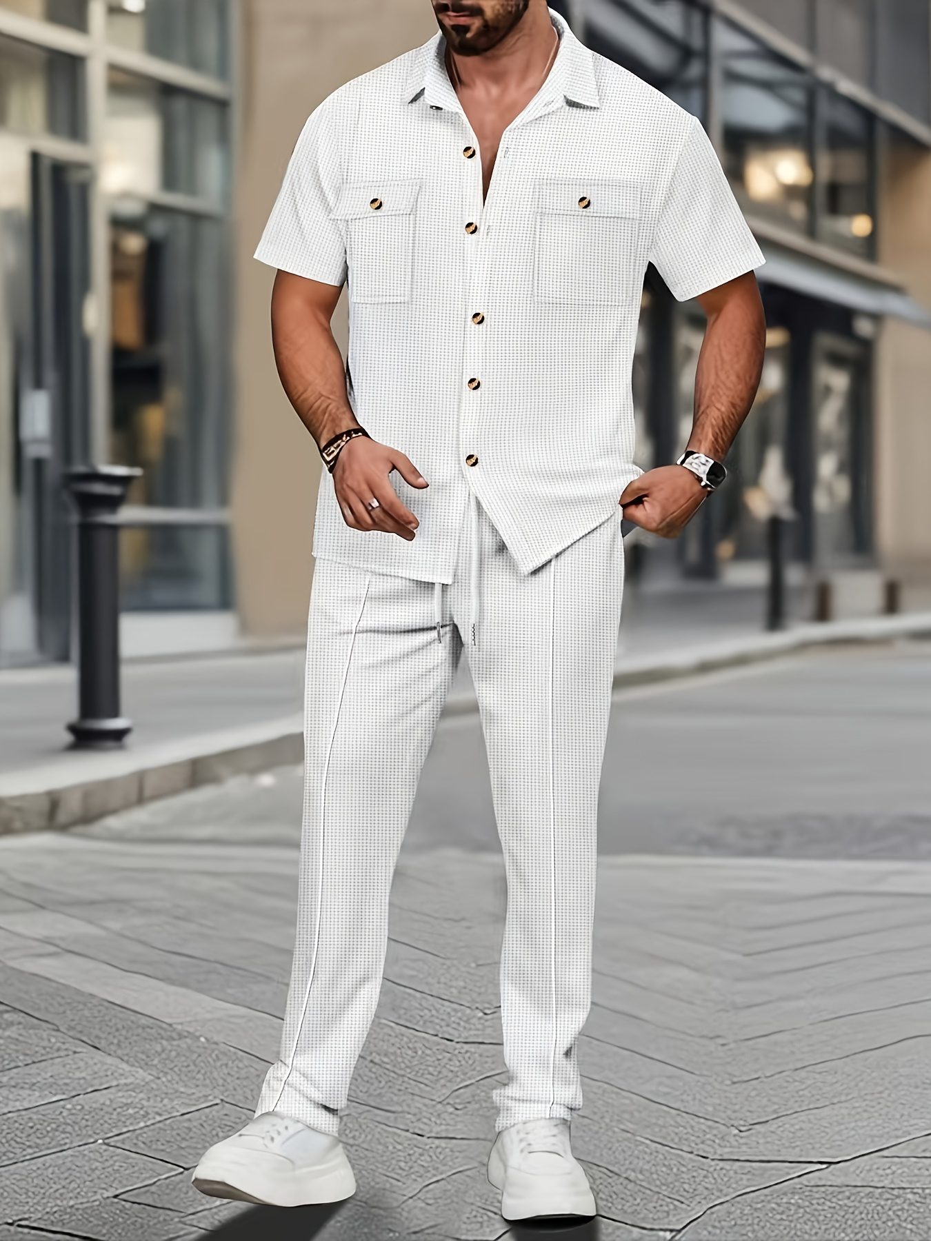 Men'S Casual Short Sleeve Shirt And Long Pants 2pcs Set Commuter Outfit, Textured Buttons And Pockets, Versatile Style - Image 3