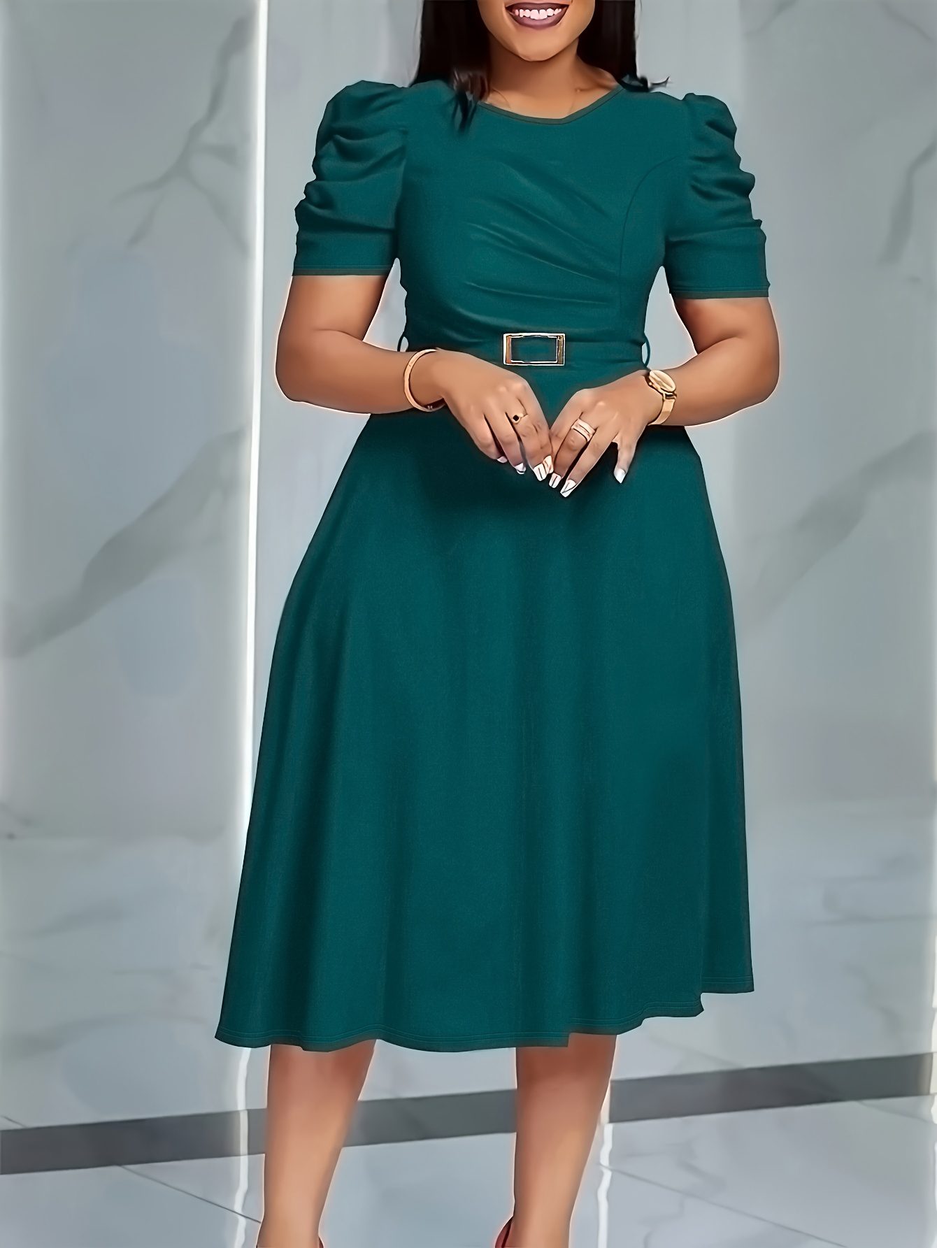 Elegant V-Neck Midi Dress with Ruffle Details | Solid Color Short Sleeve, Waist Belt, Flowing Skirt for Spring/Summer, Comfortable And Stylish Fit And Flare Silhouette - Image 3
