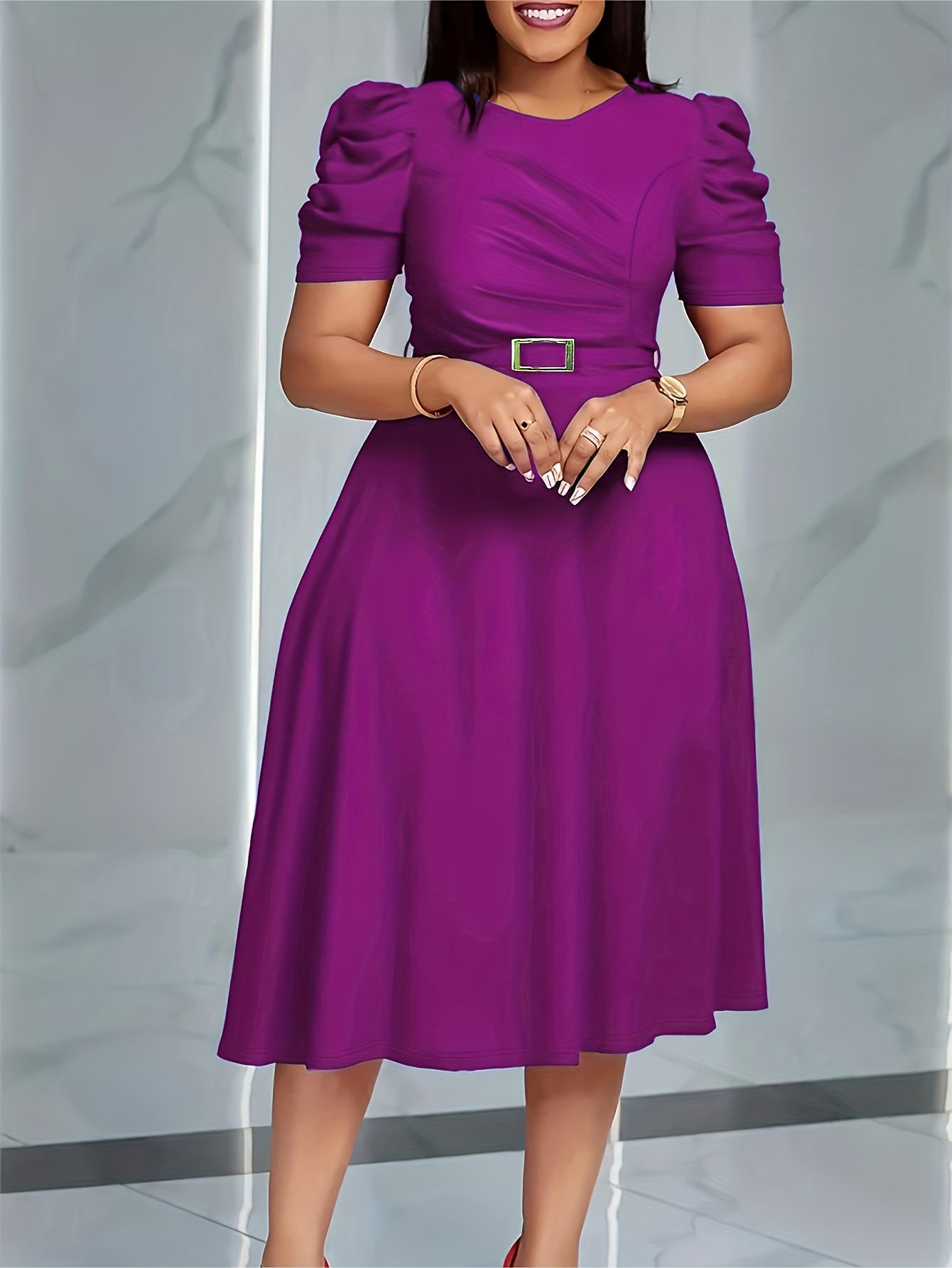 Elegant V-Neck Midi Dress with Ruffle Details | Solid Color Short Sleeve, Waist Belt, Flowing Skirt for Spring/Summer, Comfortable And Stylish Fit And Flare Silhouette - Image 4