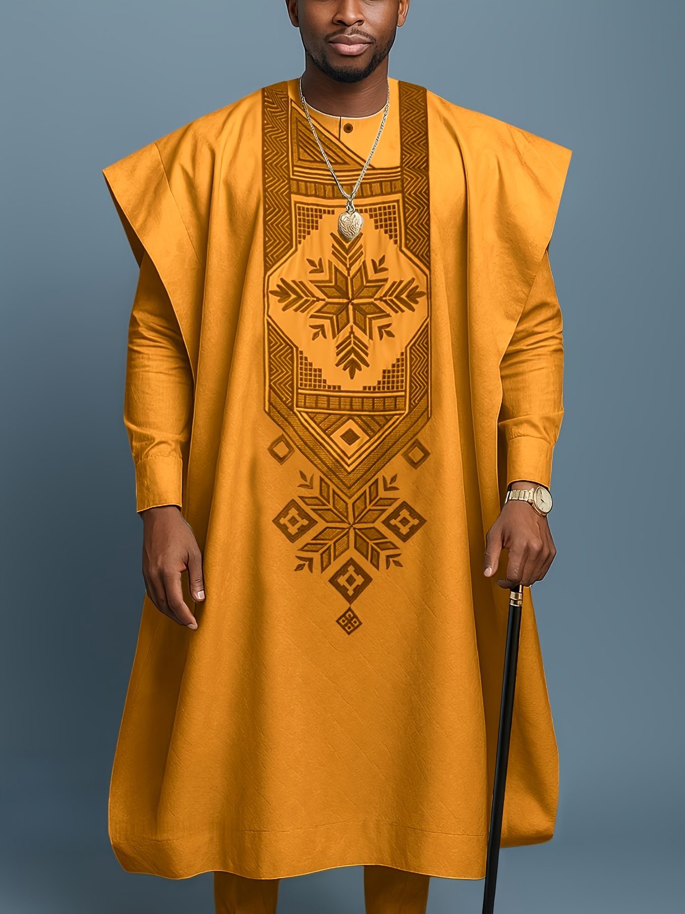 Men'S Three-Piece Agbada Set Featuring Embroidery, Pockets, And a Loose, Flowing Silhouette; Includes a Robe, Shirt, And Drawstring Elastic Waist Long Pants, Suitable for Everyday Events Like Cocktails, Weddings, Parties, Banquets, Birthdays - Image 3
