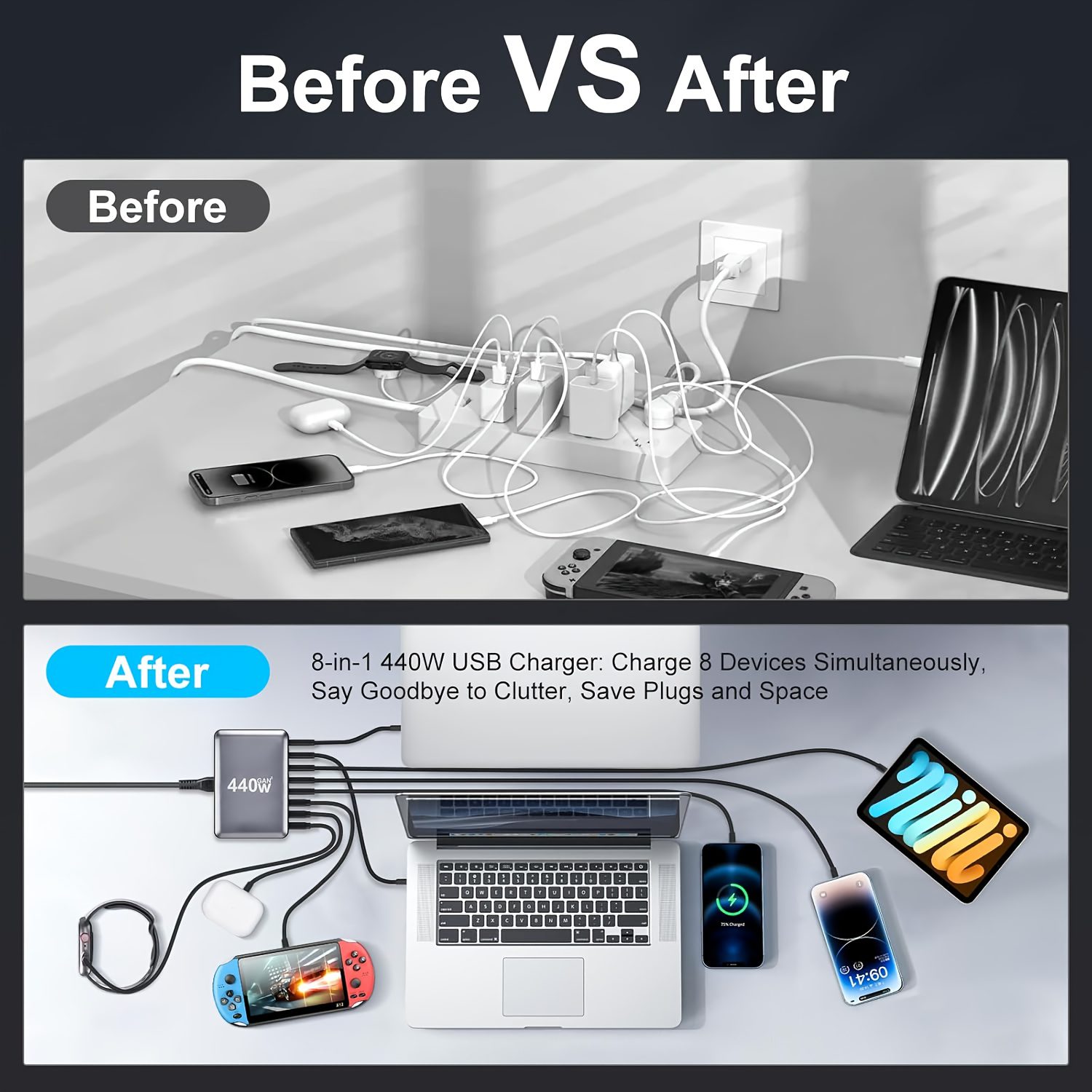 1pc 440W Multi-Port Charger 8-Port 3A+5C Multi-Purpose Charger for Mobile Phones and Electronic Devices, Indoor Miscellaneous Cord Disposal, Keep Your Desktop Tidy Round Fashion Style, Multi-Port Car Phone Charger - Image 7