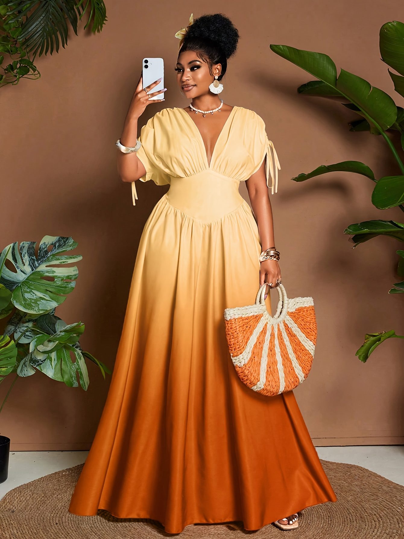 Women's Elegant Gradient V-Neck Long Maxi Dress with Fitted Bodice & Flowy - Waist, Machine Washable Winter Dress for Weddings, Parties, Fall/ Winter Events - Non-Stretch Suitable for Weddings, Parties, Fall/Winter Events - Image 3