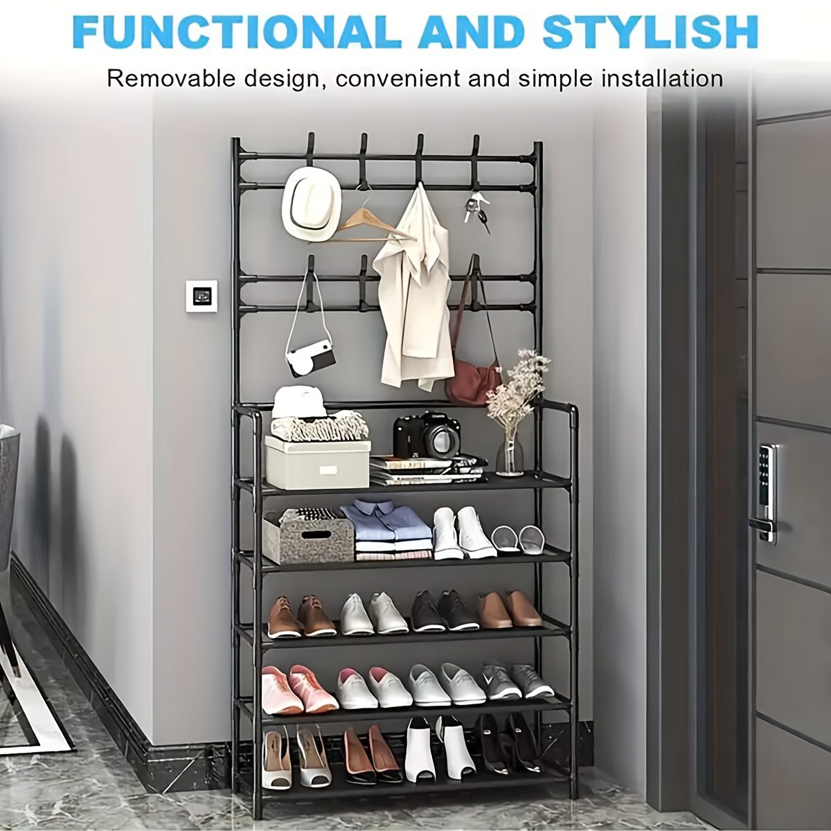 Elegant Black Household Coat Rack with Five-Tier Large-Capacity Integrated Design: Meets the Entire Family's Shoe Storage Needs, Eliminating Entryway Clutter. A Multifunctional Storage Shoe Cabinet and Coat Rack with Multi-tier Shelving - Image 2