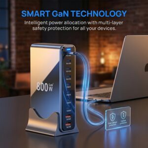 800W USB-C Gan Charger, 10-In-1 Charging Block, Dual 140W PD 65W PD PPS 2 * 30W USB Ports, Suitable for Various Electronic Devices, Laptops, Mobile Phone Chargers, Compatible with Macbook/Iphone 17/Ipad, Etc. Perfect Christmas Gift