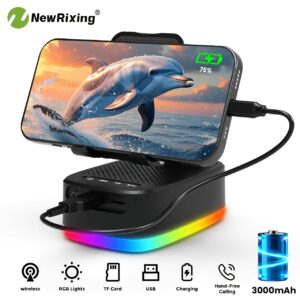 Newrixing 6W Wireless Speakers with Phone Holder, Dual Pairing, 3000Mah Battery, Emergency Mobile Power Bank, Support BT, TF, USB Playback, 7 Hour Playtime, Hifi Sound Quality, Loud Stereo And Booming Bass, USB-C Charging, Equipped with RGB Lights