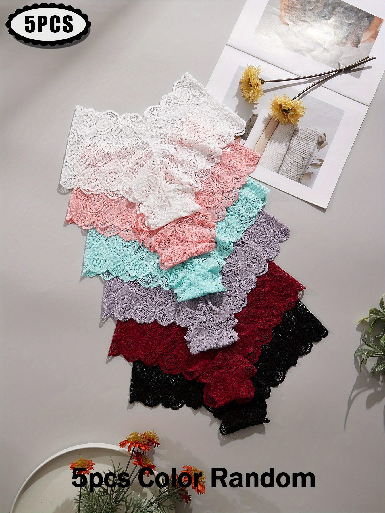 5pcs of Randomly Colored Women'S Low-Rise Lace Panties, Comfortable And Romantic, Perfect for Holiday Parties And Triangle Cut. - Image 3