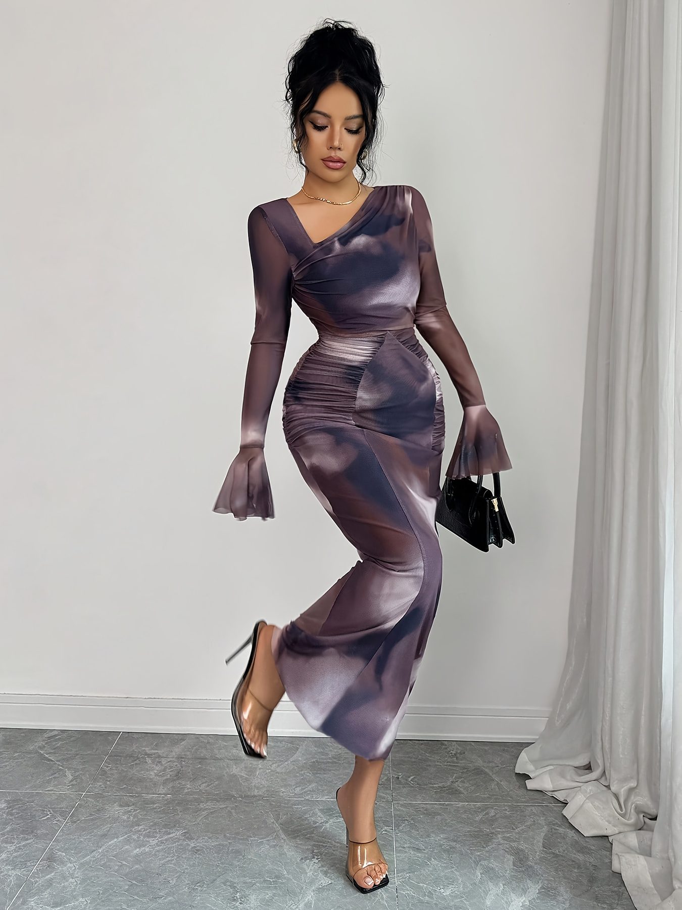 Elegant And Fashionable New Adult Women'S Autumn And Winter Floral Tie-Dye Print Notched Collar Long-Sleeved Flared Sleeve Slim Fit Waist Pleated Hip-Hugging Sexy Dating Commuting Vacation Dating Valentine'S Day Long Dress - Image 10