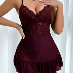Women'S Solid Elegant Sexy Comfortable Mesh Lace Patchwork Bow Thin Strap Backless Short Nightgown Home Wear