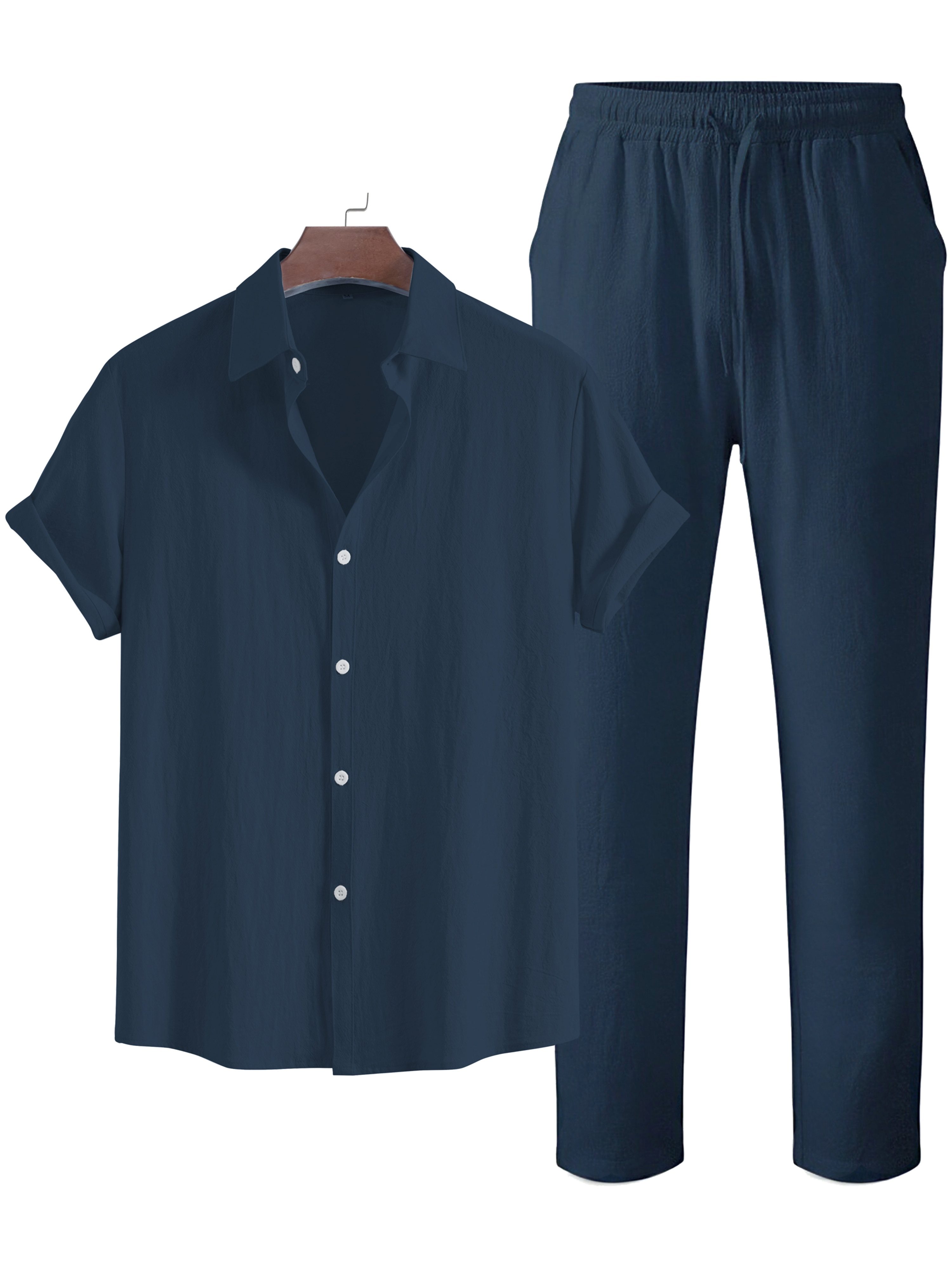 Men's Fashionable Solid Color Cotton- Shirt and Trousers Set, Casual Breathable 2pcs Outfit for Men - Image 9