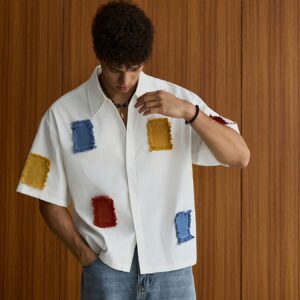 Men'S Summer Casual Contrast Patchwork Shirt, Lapel Short Sleeve Fashion Shirt