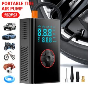 JKUOO Cordless Smart Inflator Tire Inflator Portable Air Compressor, Cordless Car Tire Inflator 150 PSI, Fast Inflation, Auto Shut Off, 4000Mah, LED, As Power Bank, for Car, Motorcycle, Bicycle, Ball