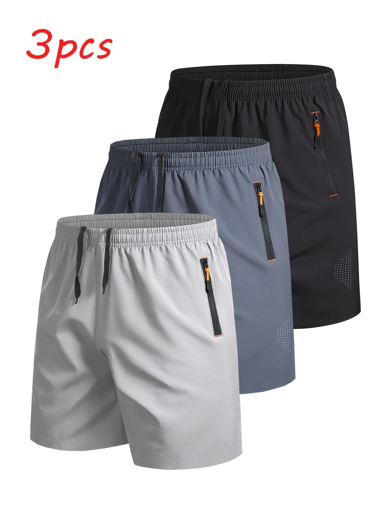 3pcs Men's Outdoor Sports Casual Shorts, Solid Color Zipper Pocket Running Fitness Quick-Dry Breathable Athletic Shorts - Image 5