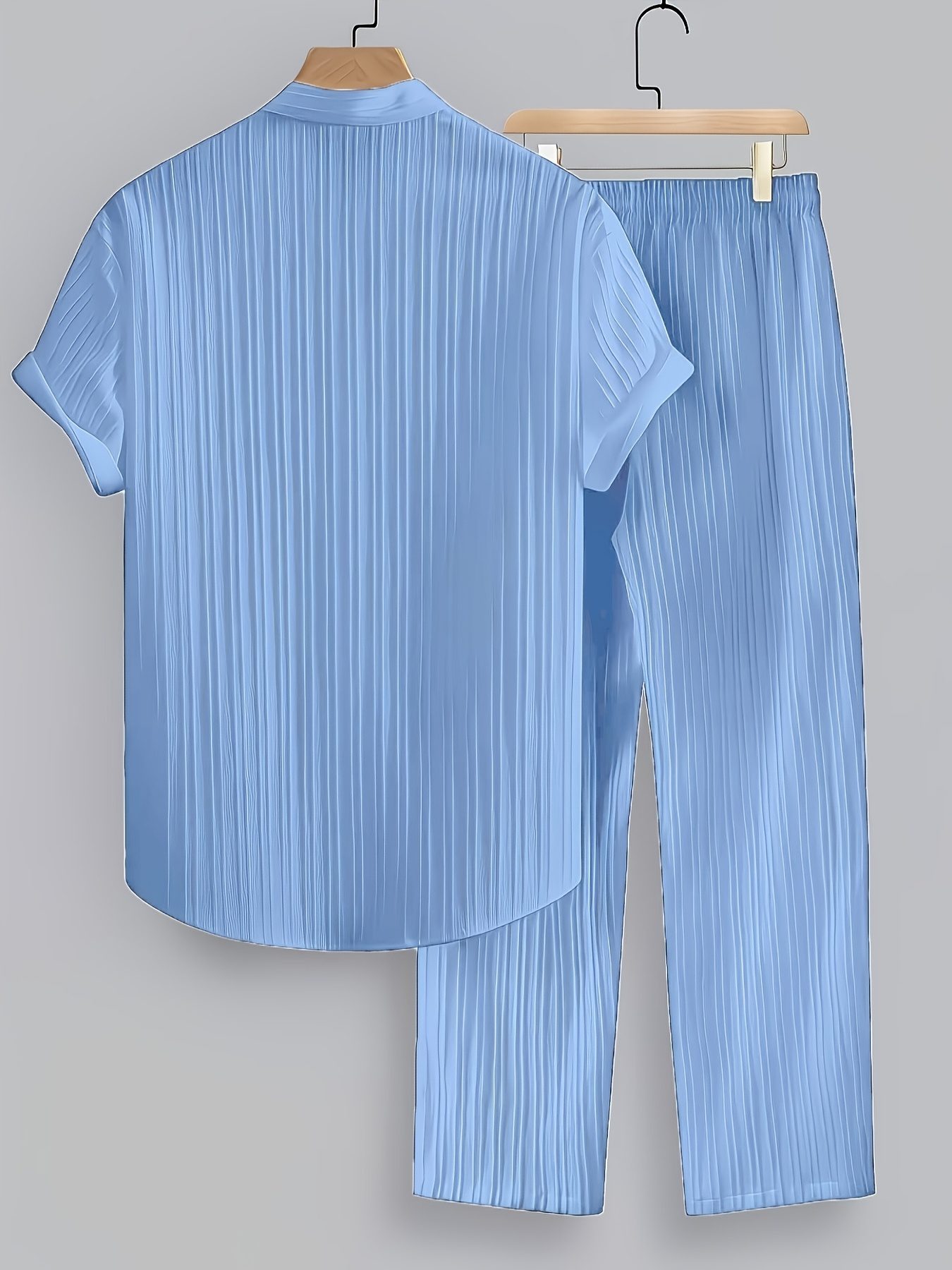 2pcs Men'S Summer Casual Striped Fiber Set, Short Sleeve Stand-Up Collar Shirt And Drawstring Pants, Non-Stretch Woven Fabric, Regular Fit for Daily Wear And Beach Vacation, Solid Color, Beach Vacation - Image 9
