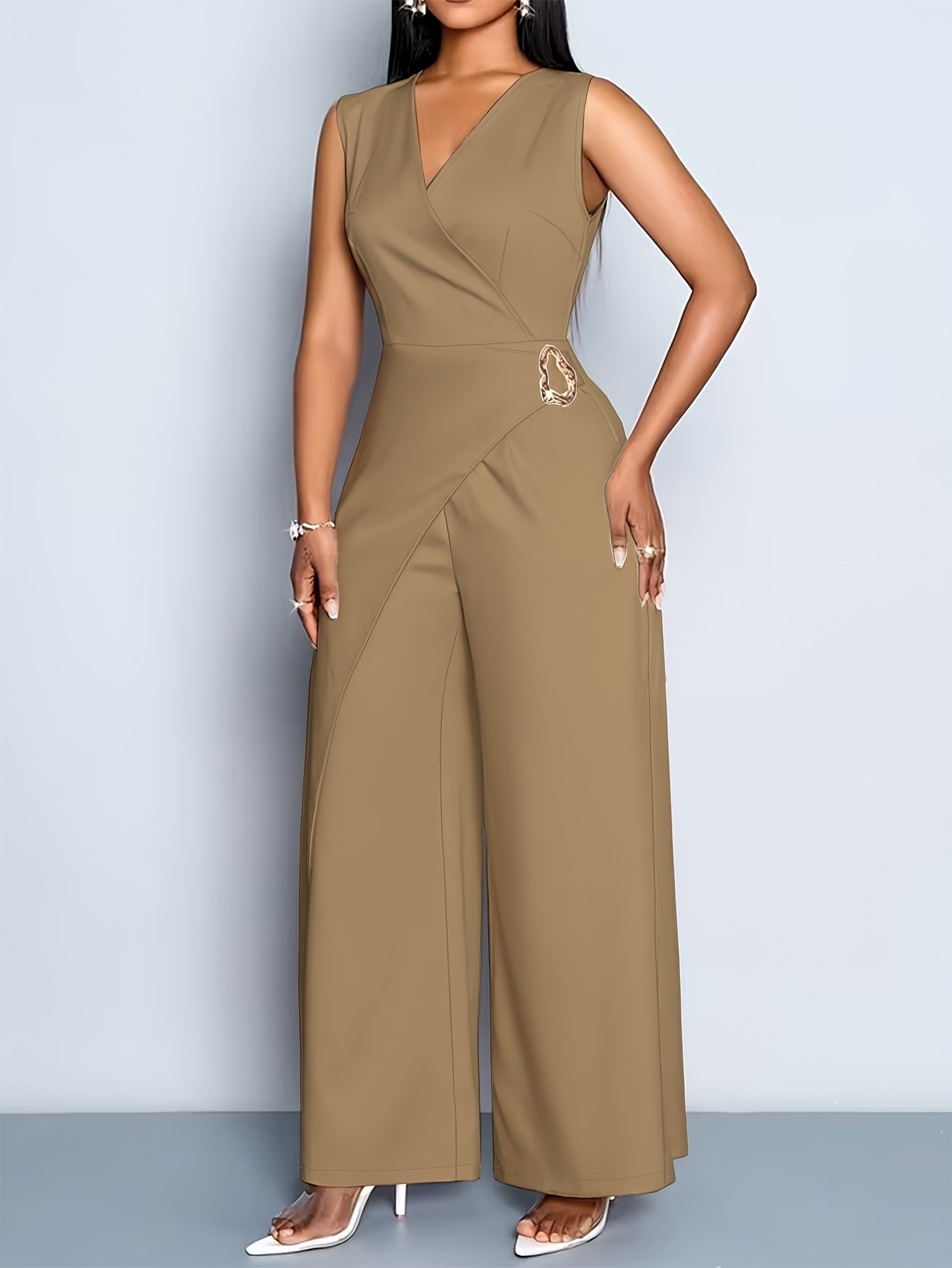 Casual Jumpsuit with a Solid Color, Featuring a V-Neck Sleeveless Top And Loose Wide-Leg Pants, Perfect for a Stylish Commute - Image 5