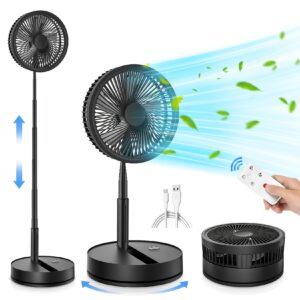 Foldable Floor Fan, Height Adjustable Quiet Portable Cooling Fan, Detachable, 3 Wind Speeds, 8000Mah Rechargeable Battery, 1.5M Charging Cable, Remote Control, Home Air Cooler for Camping Office Bedroom