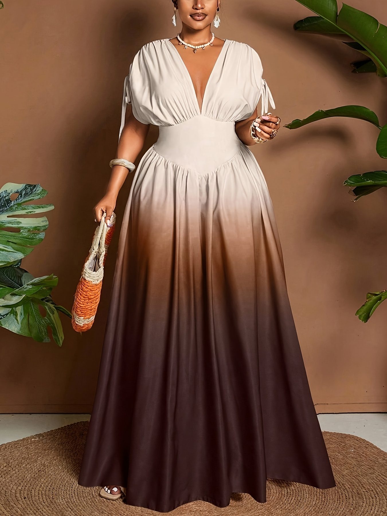 LL168 Women's Elegant Romantic Gradient Print Bow V-Neck A-Line Maxi Dress - Image 4