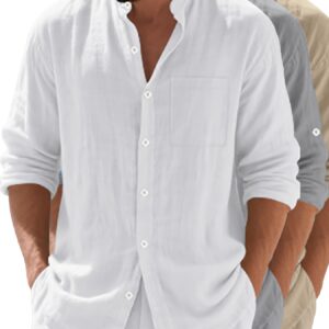 3pcs Men's Linen Casual Shirt Set, Long Sleeve Beach Shirt with Button Closure, Ideal for Dates, Vacations, and Leisure Wear