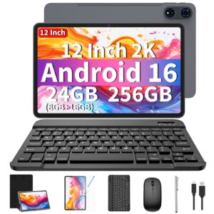 Android 16 System Android Tablet, 12-inch Tablet with Keyboard, 24GB (8GB+16GB) RAM+ 256GB ROM, 5MP+13MP Camera, Supports 2.4G and 5G WiFi, Adopts IPS Display, Includes GMS Services, 2-in-1 Tablet, Comes with Protective Cover, Mouse, and Stylus