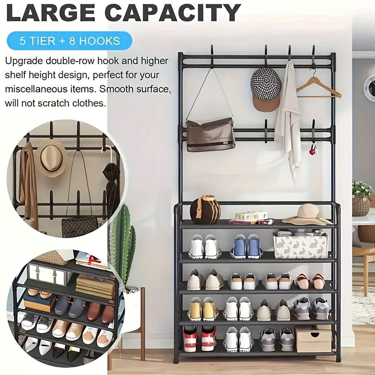 Elegant Black Household Coat Rack with Five-Tier Large-Capacity Integrated Design: Meets the Entire Family's Shoe Storage Needs, Eliminating Entryway Clutter. A Multifunctional Storage Shoe Cabinet and Coat Rack with Multi-tier Shelving - Image 5