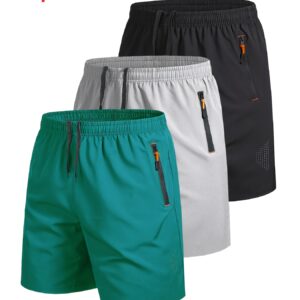 3pcs Men's Outdoor Sports Casual Shorts, Solid Color Zipper Pocket Running Fitness Quick-Dry Breathable Athletic Shorts