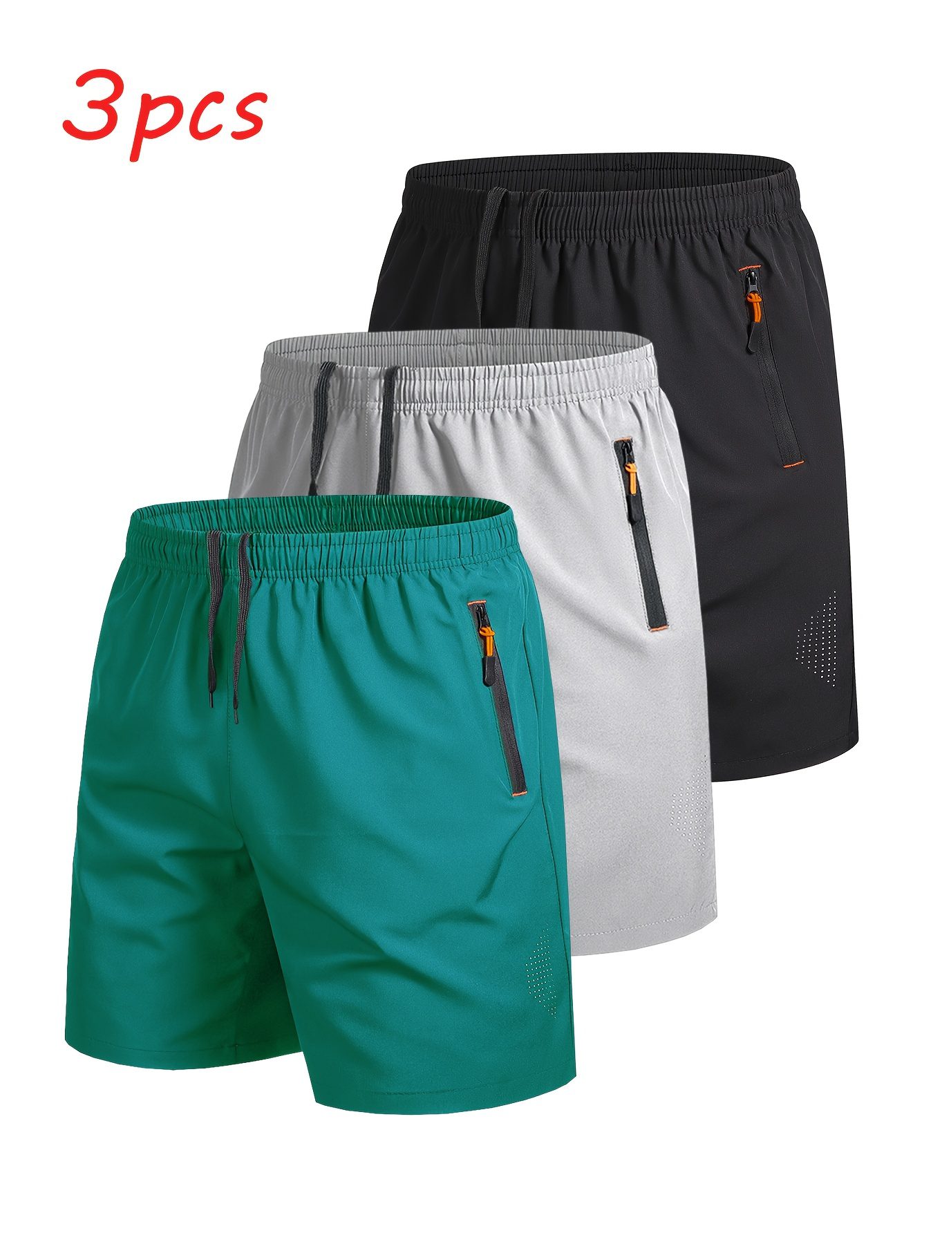 3pcs Men's Outdoor Sports Casual Shorts, Solid Color Zipper Pocket Running Fitness Quick-Dry Breathable Athletic Shorts