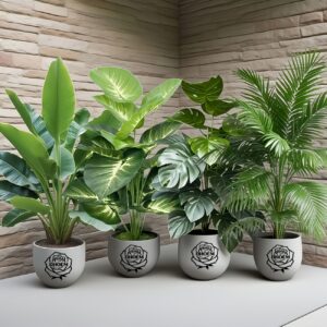 4pcs Set - Includes 48 Large Leaves of Large Outdoor Artificial Green Plant Loose Palm Tree Combo - DHOEM Wedding Garden Modern Decoration, Maintenance-Free Four-Season Evergreen Wealth Tree Artificial Plant | Pothos Evergreen Potted Plant, Nordic