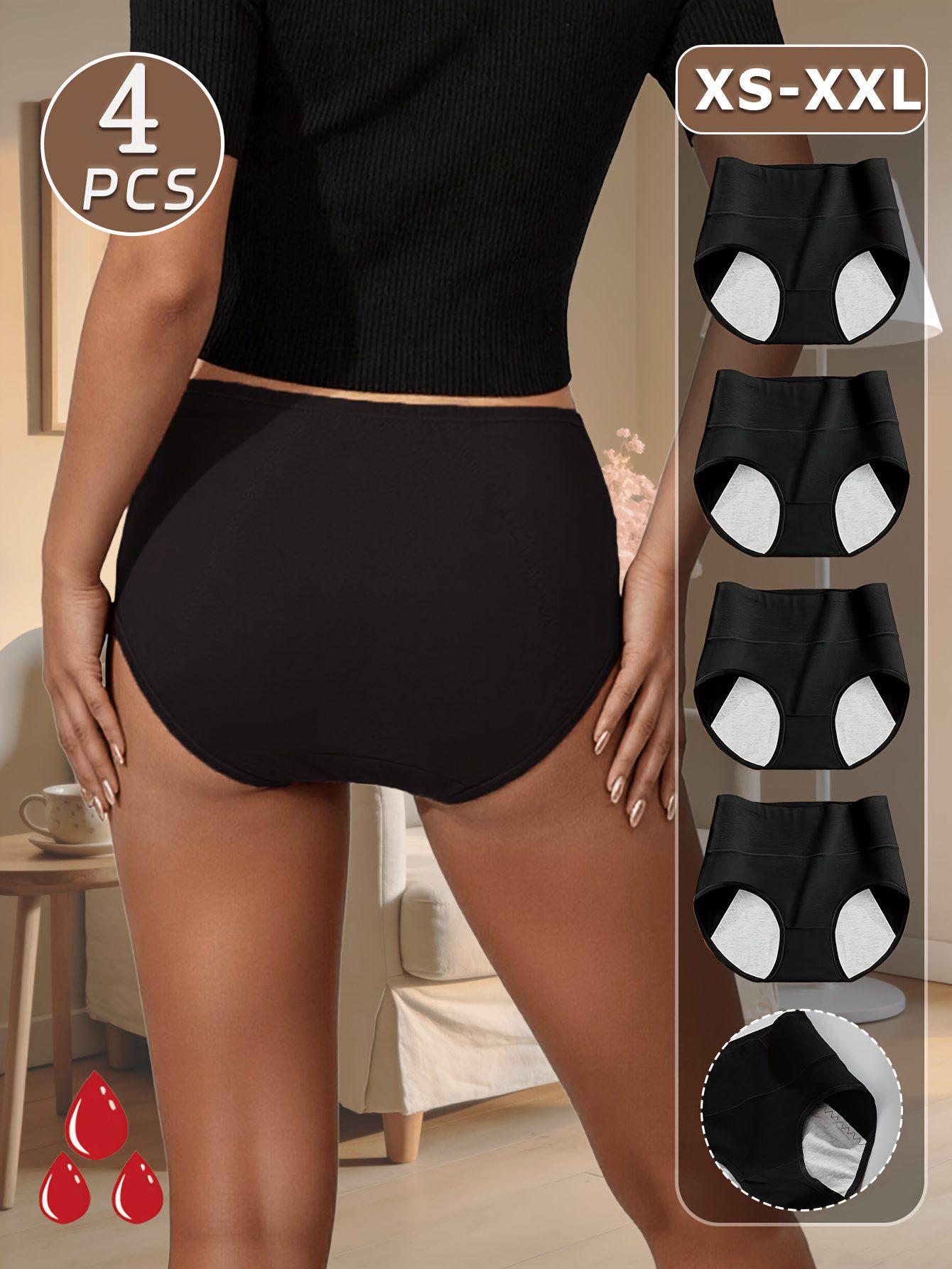 4-Pack Black High-Waist Women's Period Panties, Tummy Control, Butt Lifting, Anti-Leakage, No Crotch Riding or Waist Tightness, Suitable for Home and Commuting During Menstruation - Image 3