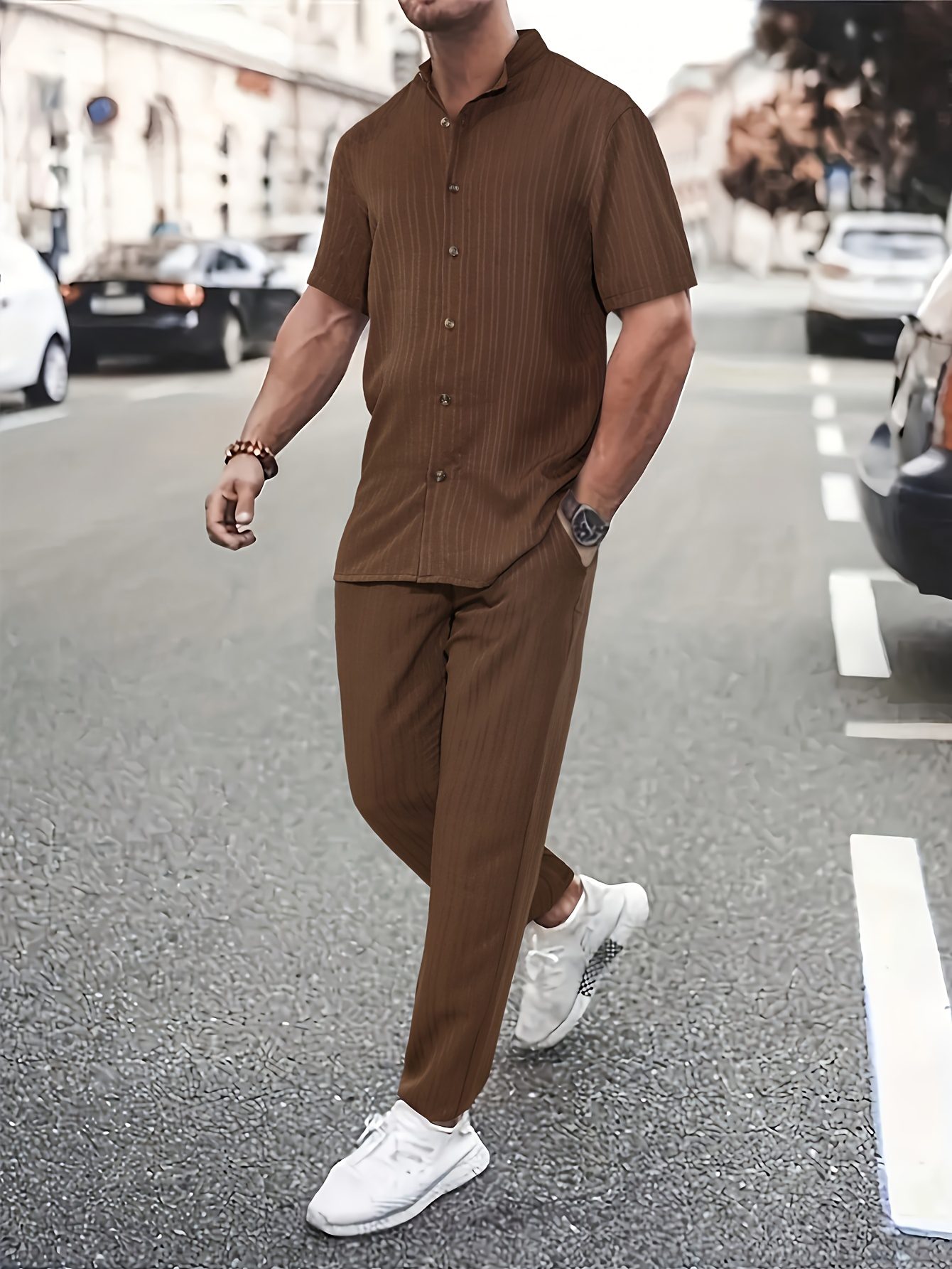 Men's New Trend Textured Wave Stripe Short Sleeve Long Pants Casual Set
