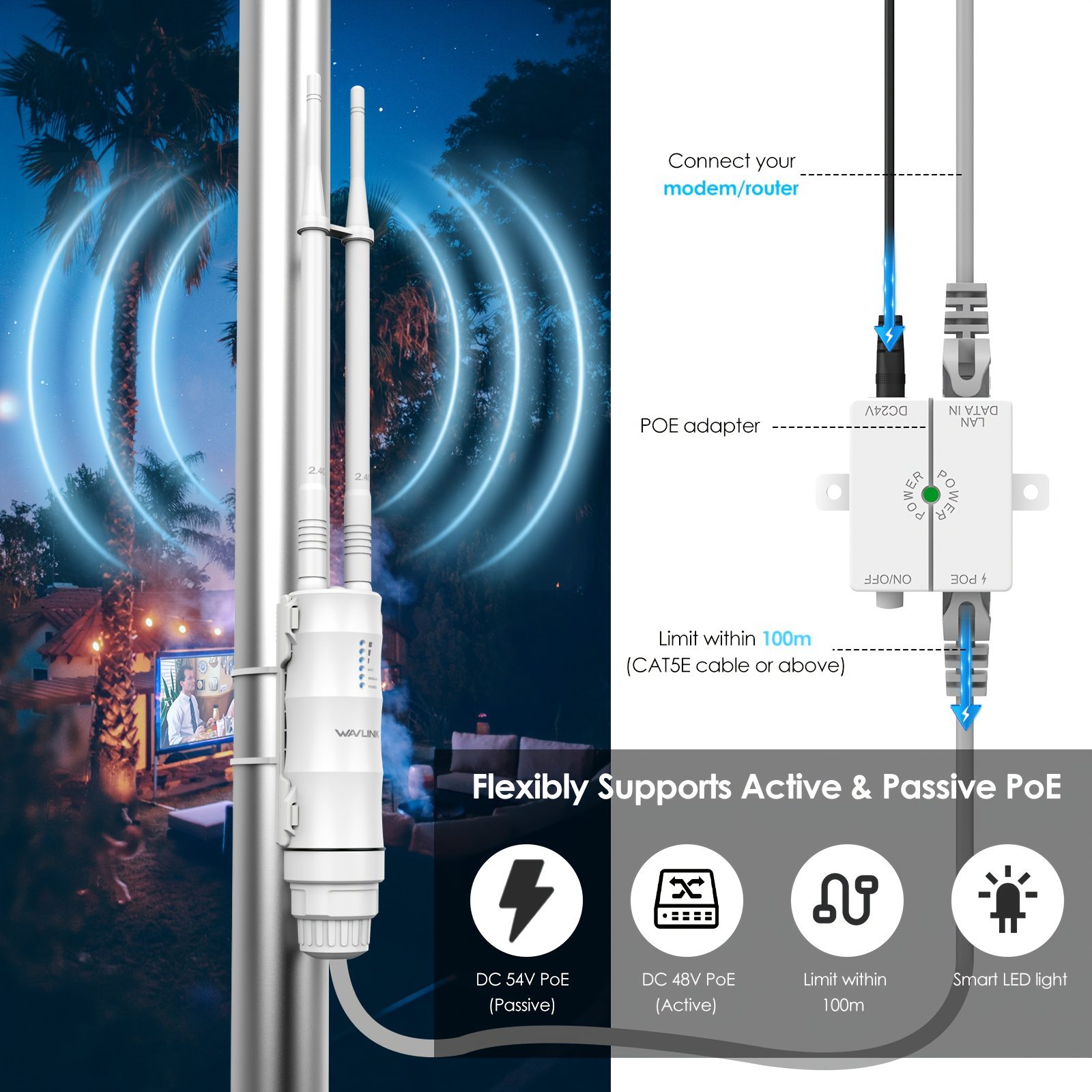 WAVLINK WL-WN570HN2 Wireless Access Point | PoE Powered, Dual-Band Wi-Fi Extender with 2 High-Gain Antennas, Supports AP/Router/Repeater/Mesh Modes, Operates on 2.4GHz Band - Image 8