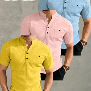 JOSHIMAY Obm 3pcs Set Men'S High Quality Summer Short Sleeve Henley Shirt T-Shirt Men'S Clothing Top, Suitable for Golf Outdoor Camping Fishing And Daily Casual Wear