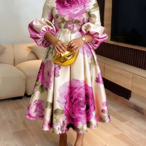 New Women's Dress, Featuring a Beige Base with Large Crimson Peony Prints. The Satin Material Offers a High-end Luster; a High Neckline Paired with Exaggerated Puff Sleeves Creates a Vintage, Eye-catching Look. The Umbrella-shaped Mid-length Hem Is