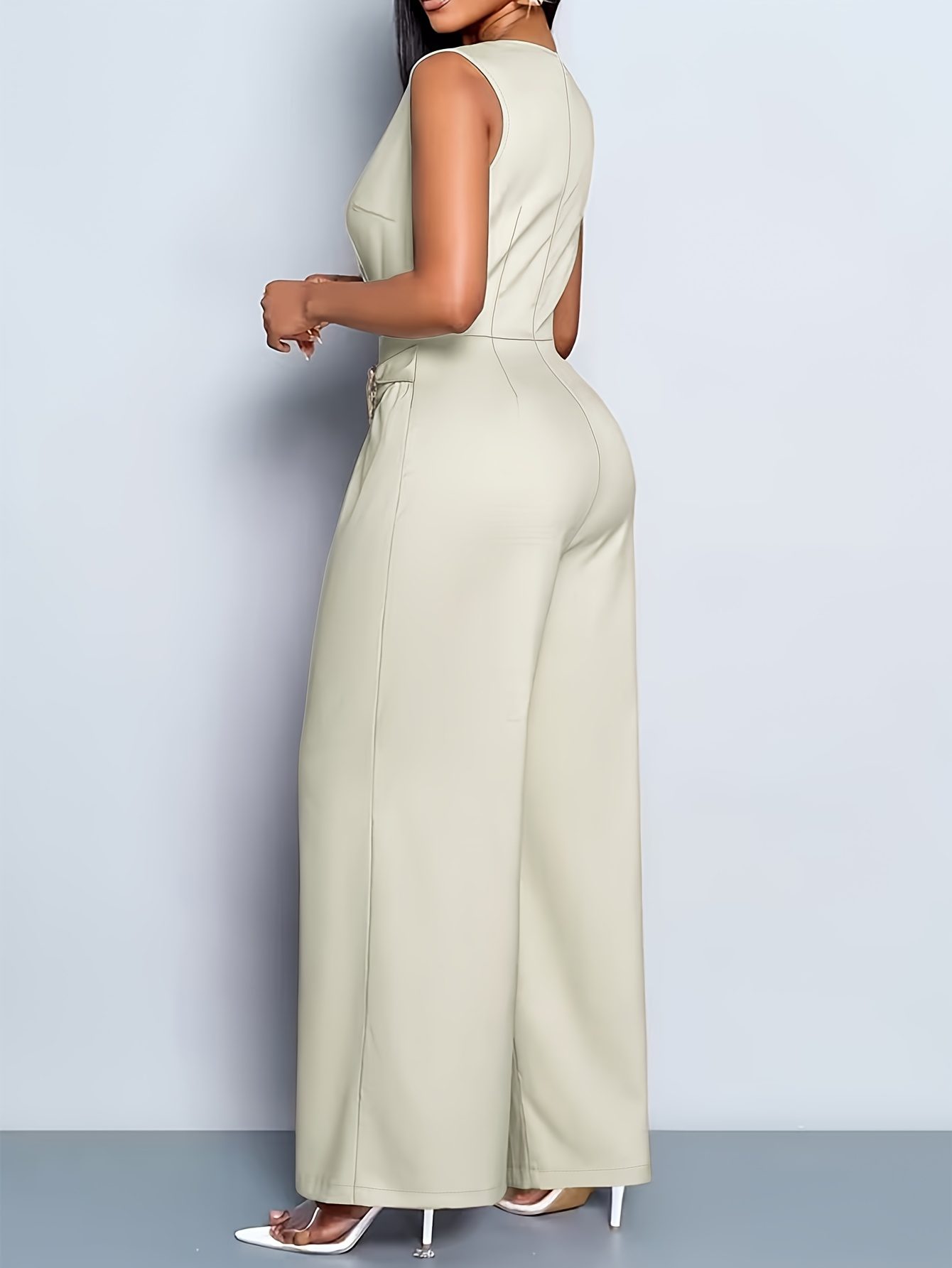 Casual Jumpsuit with a Solid Color, Featuring a V-Neck Sleeveless Top And Loose Wide-Leg Pants, Perfect for a Stylish Commute - Image 6