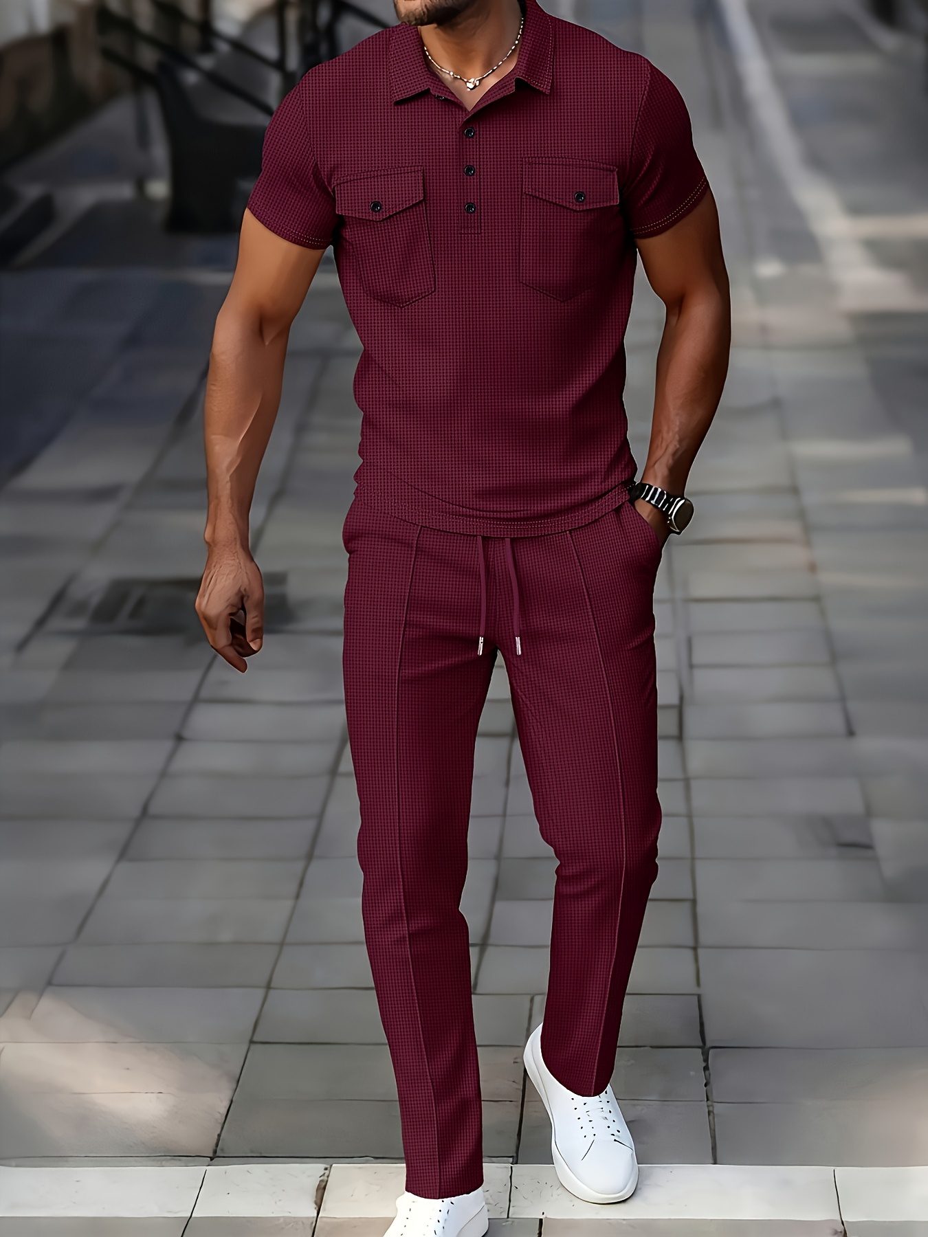 Men's Waffle Knit Casual Double-Pocket Short-Sleeve Shirt with Athletic Long Pants Set - Image 3