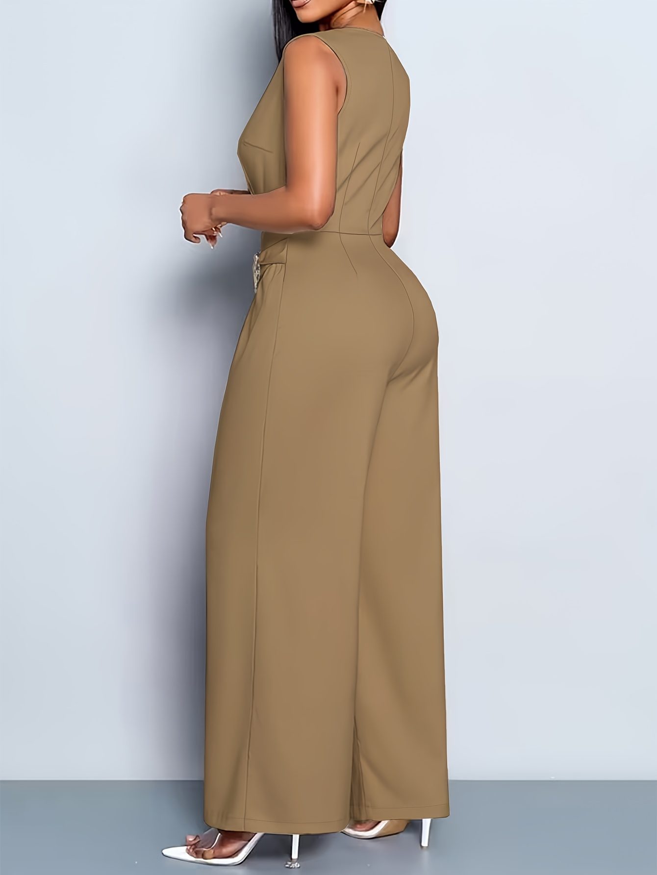 Casual Jumpsuit with a Solid Color, Featuring a V-Neck Sleeveless Top And Loose Wide-Leg Pants, Perfect for a Stylish Commute - Image 10