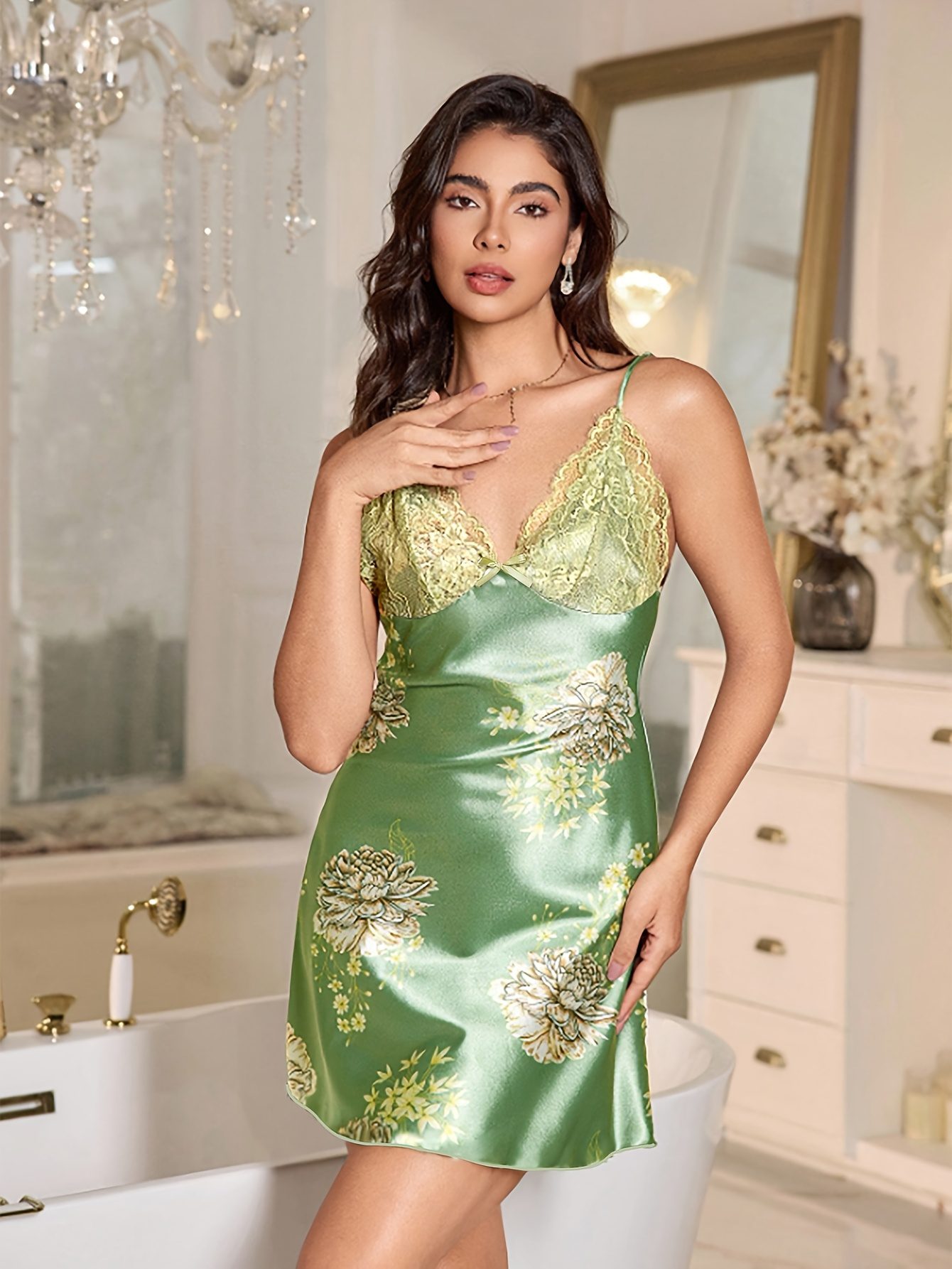Women's Fashion Floral Print Elegant and Comfortable Lace Patchwork V-Neck Adjustable Thin Strap Home Nightgown - Image 4