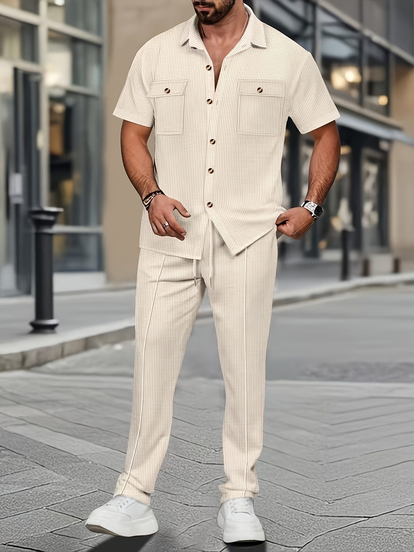 Men'S Casual Short Sleeve Shirt And Long Pants 2pcs Set Commuter Outfit, Textured Buttons And Pockets, Versatile Style - Image 4