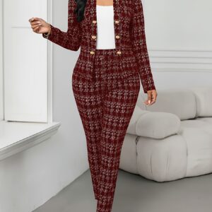 Elegant Plaid Suit 2pcs Set with Front Double-Breasted Button Detail, Trousers for Commuting and Casual Wear