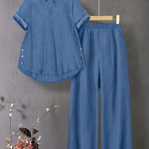 New V-neck Button-detail Short-sleeve Top with Elastic Waist and Side Slant Pockets Women's Set