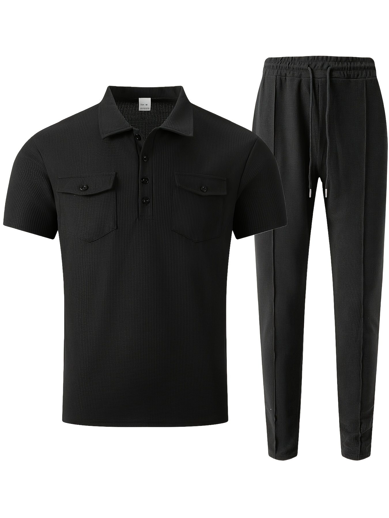 Men's 2pcs Set, Solid Color Minimalist Black Button-Up Short Sleeve Shirt with Two Pockets and Collar + Drawstring Waist Pants, Men's Spring/Summer Casual Vacation Daily Wear - Image 8